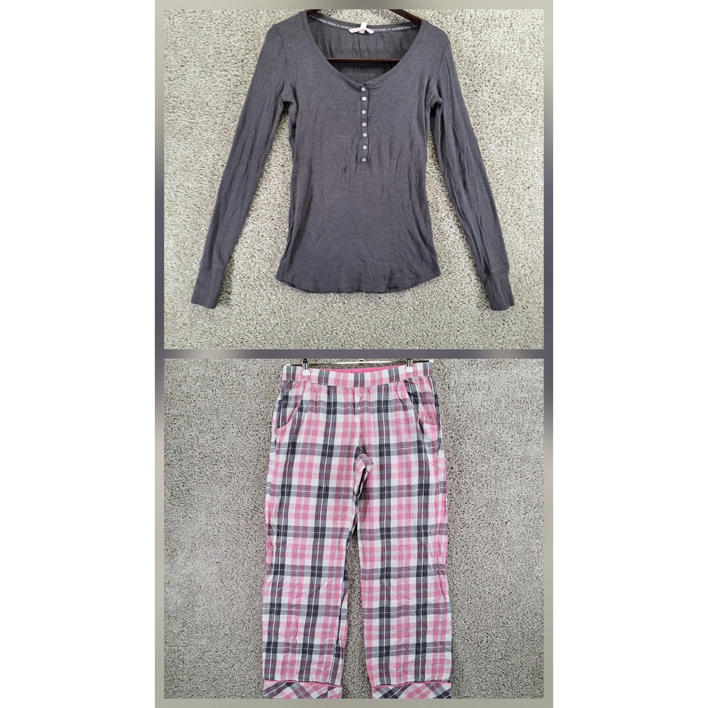 Victoria's Secret Pajama Set Womens Small Grey Pink Plaid Henley Thermal Lounge